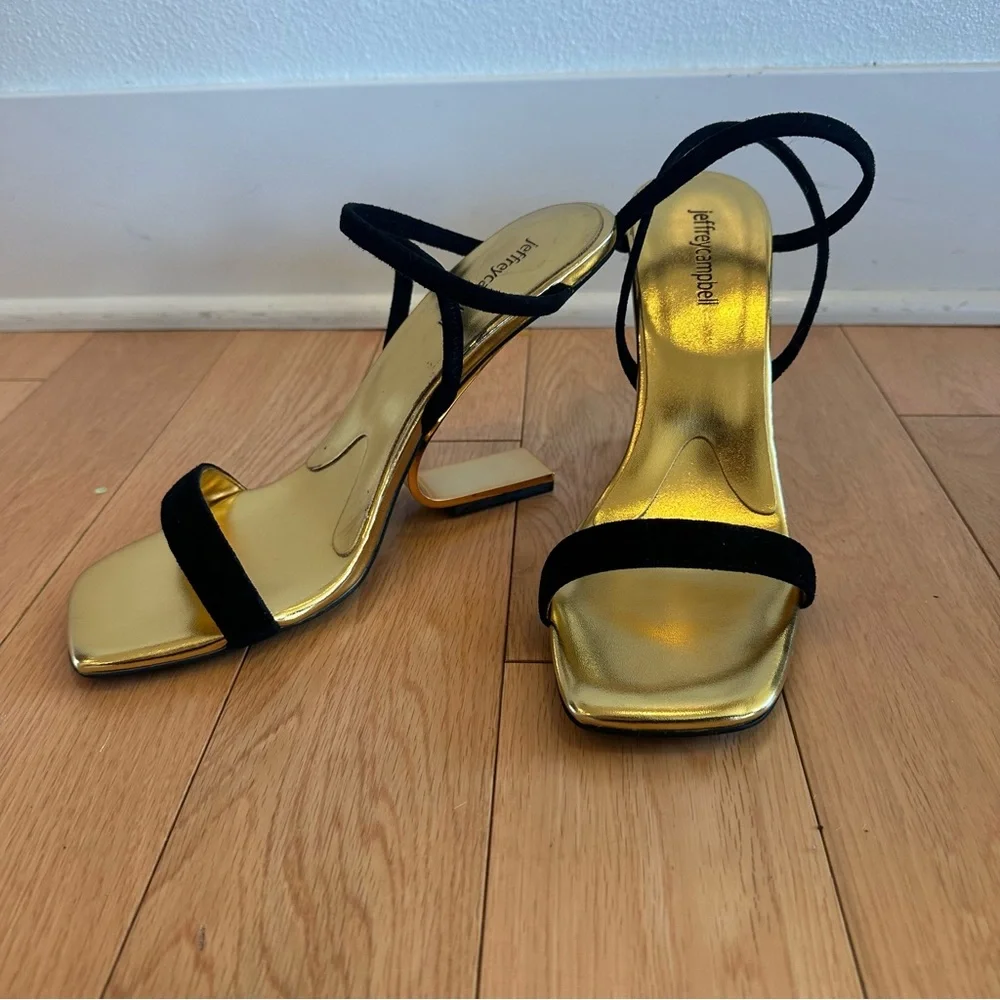Jeffrey Campbell Geometric High Heel Sandals Size 9.5 Black & Gold Inverted Heel - Picture 4 of 7